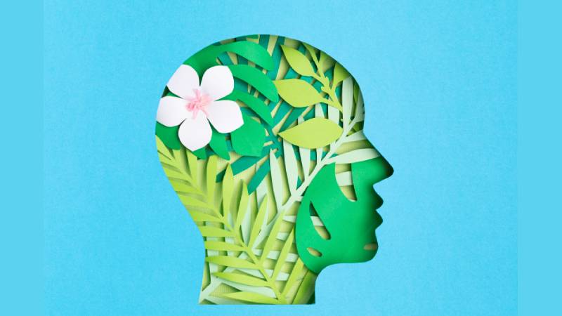 Ilustração de cabeça humana preenchida por folhas verdes e uma flor, representando saúde mental e conexão com a natureza