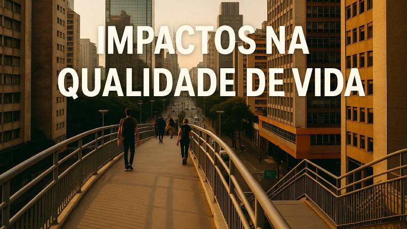 Pessoas caminhando sobre passarela urbana entre prédios altos, com texto ‘Impactos na Qualidade de Vida’, simbolizando a rotina acelerada e seus efeitos emocionais