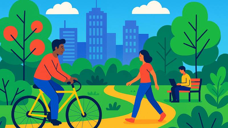 Ilustração colorida com pessoas andando de bicicleta, caminhando e usando notebook em parque urbano com árvores e prédios ao fundo