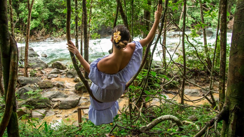 Blog Ambiental • Mulher observa o rio entre árvores da floresta tropical