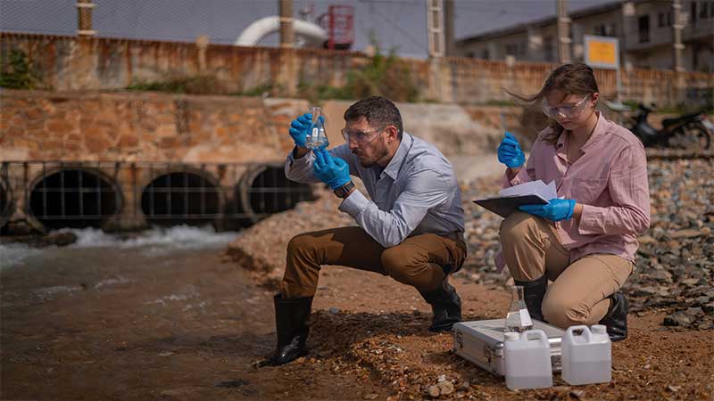Dois profissionais com equipamentos de laboratório analisando amostra de água em córrego próximo a dutos industriais•Blog Ambiental