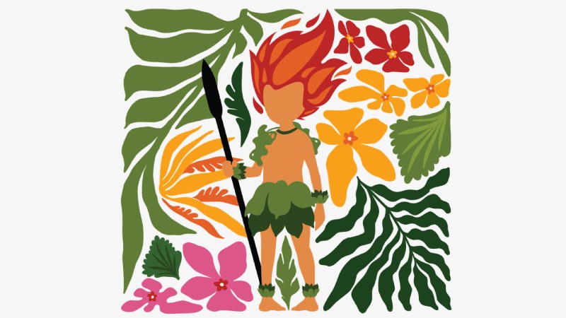 Blog Ambiental • Ilustração do Curupira cercado por folhas e flores amazônicas