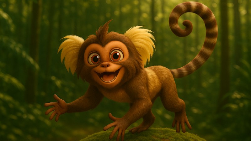 Blog Ambiental • Pudim, mascote do Hotel Terras Altas, sorridente em uma floresta tropical ensolarada, representando harmonia e consciência ambiental.