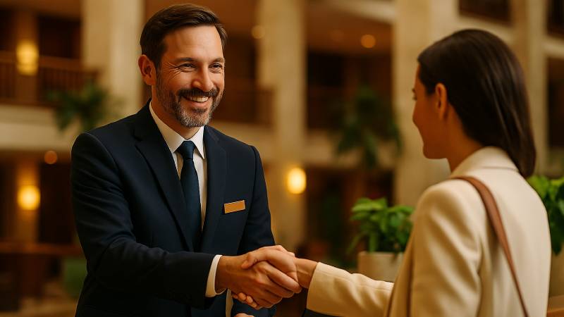 Blog Ambiental • Recepcionista de hotel cumprimenta hóspede em ambiente sustentável e acolhedor, com plantas e luz natural.