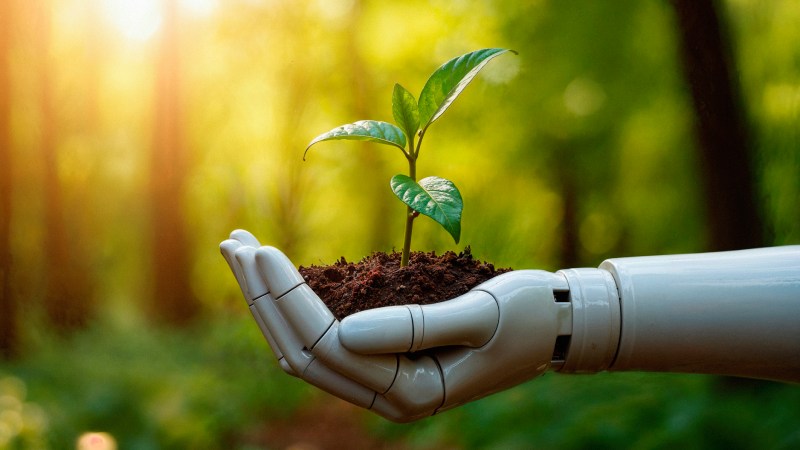 Mão robótica segurando muda verde com solo, destacando tecnologia e preservação ambiental.