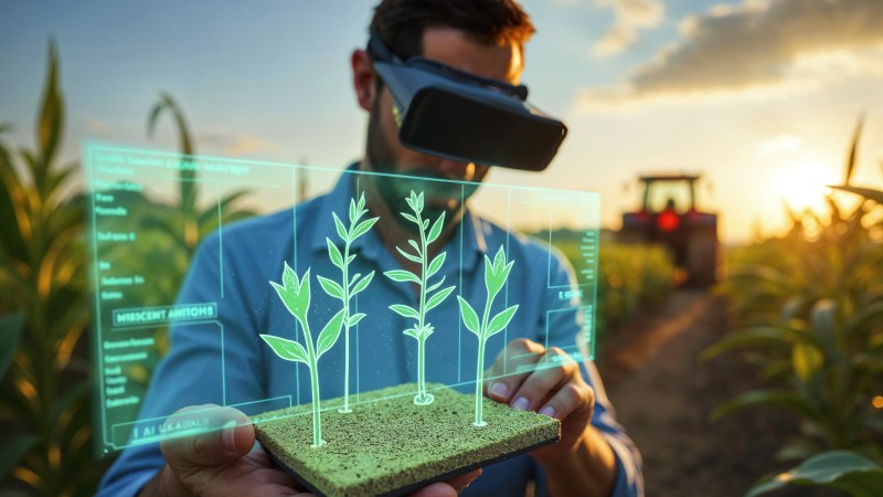 Pesquisador usando realidade aumentada para analisar plantas com projeções digitais de IA.