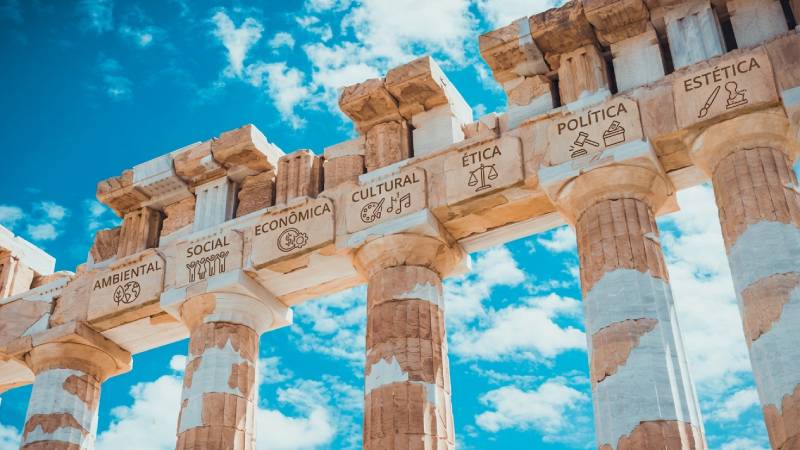 Colunas simbólicas representando os sete pilares da sustentabilidade como base do desenvolvimento de longo prazo.