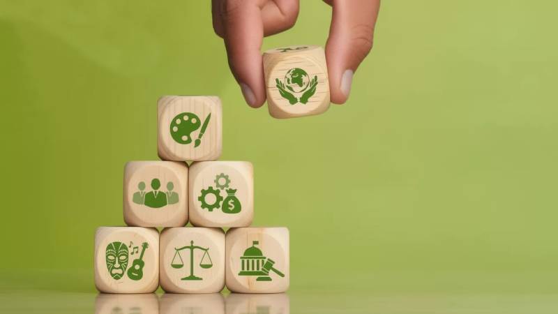 Blocos representando os 7 pilares da sustentabilidade.