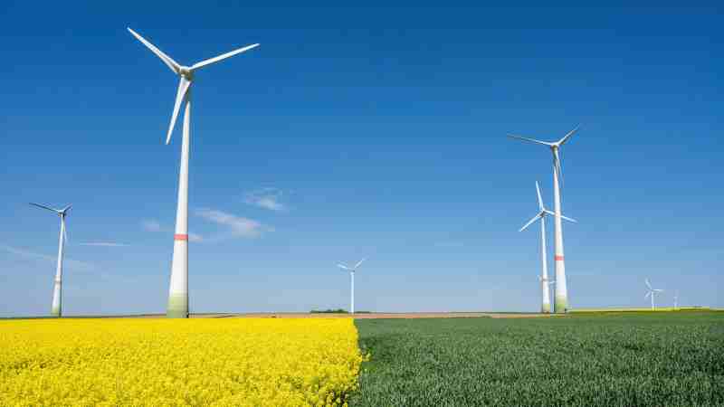 Blog Ambiental • Parque eólico instalado em área agrícola com turbinas de energia eólica sobre plantação sob céu azul em nossa Era Pós Clima