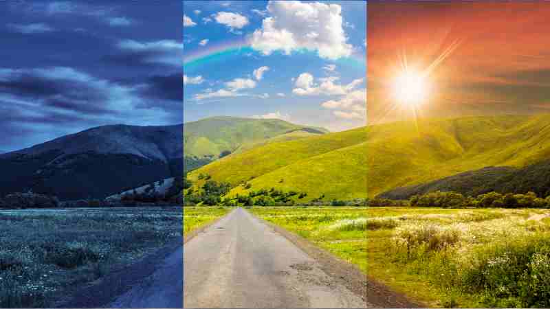 Blog Ambiental • Paisagem dividida em três cenários climáticos mostrando variação de temperatura, luz solar e condições ambientais na Era Pós Clima