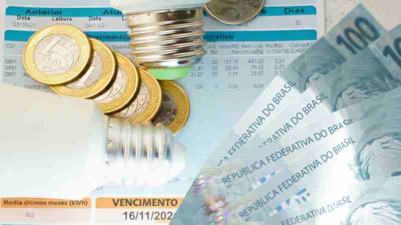 Blog Ambiental • Conta de luz com moedas, lâmpadas e cédulas de real representando o impacto econômico da transição verde