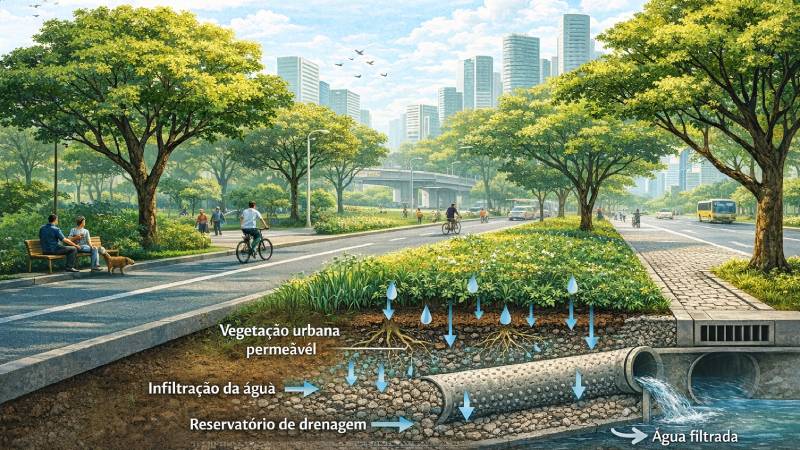 Blog Ambiental • ilustração mostrando como árvores ajudam na infiltração da água e na drenagem urbana