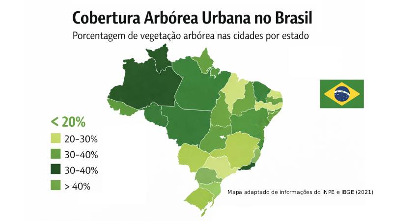 Blog Ambiental • mapa da cobertura arbórea urbana no Brasil mostrando a porcentagem de vegetação nas cidades por estado