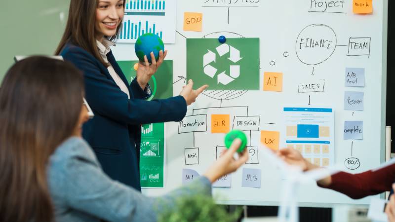 Apresentação com gráficos e um símbolo de reciclagem no centro, enquanto uma mulher segura um globo em miniatura.