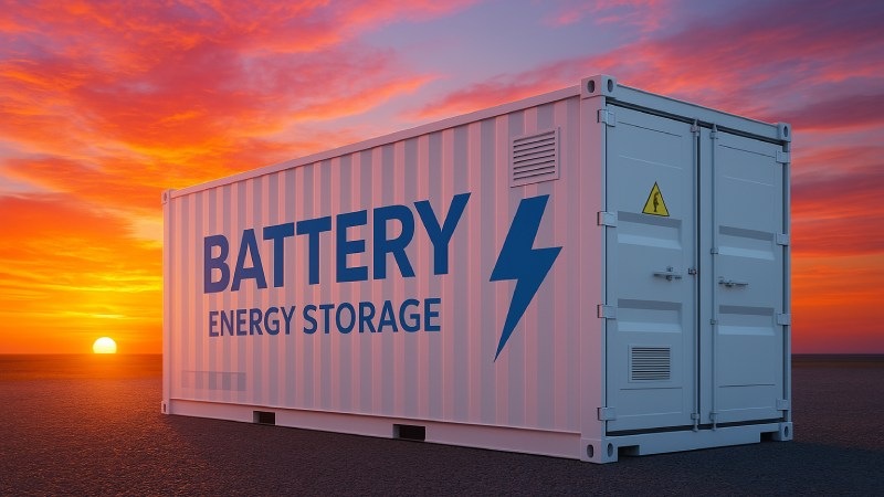 Imagem de um container moderno de armazenamento de energia, com design tecnológico e colorido, posicionado ao ar livre durante o pôr do sol. A iluminação natural realça as formas do container, simbolizando o papel das baterias na transição para energias renováveis.
